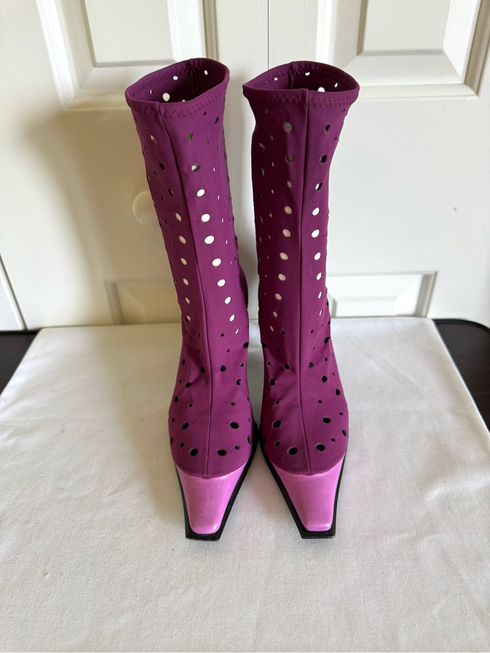 Women's Purple Perforated Pointed-Toe Mid-Heel Sock Boots